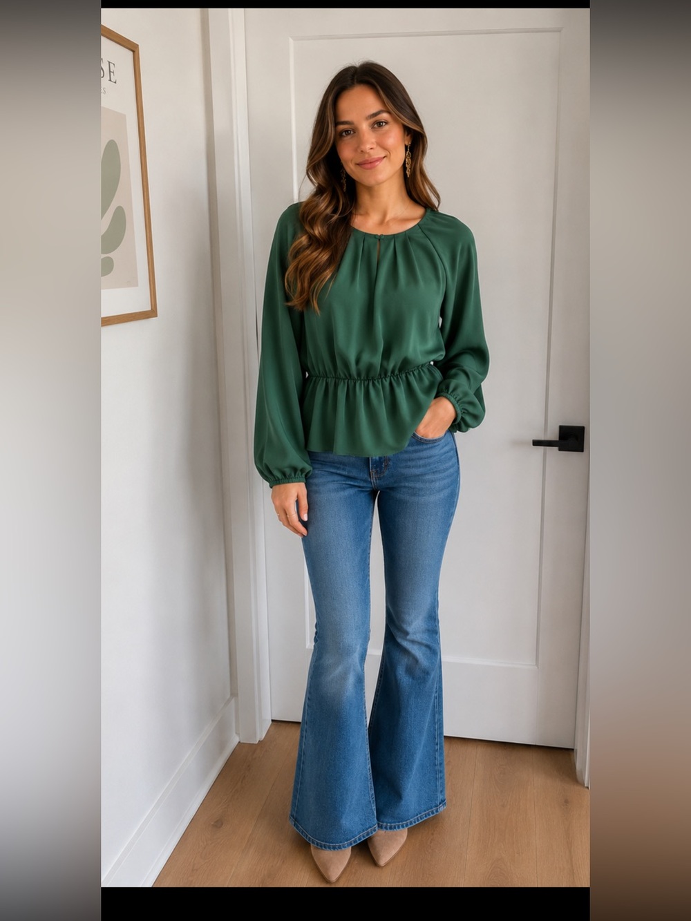 Ann Taylor Emerald Green Peplum Long-Sleeve Blouse